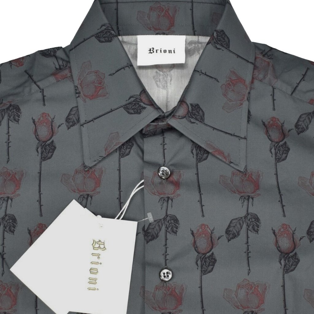 New $675 Brioni Fine Cotton Shirt! Xs Gray With Red & Black Roses All Over